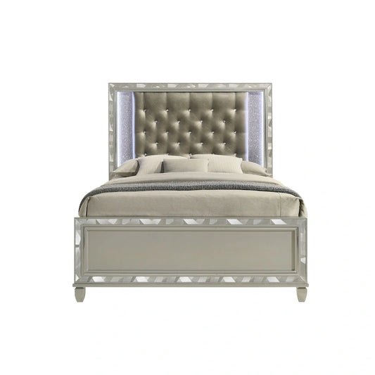 New Classic Furniture Deirde Gray And Sliver Bed with Tufted Headboard