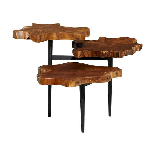 Teak Wood Handmade Live Edge 3 Tier Accent Table with Black Base - Brown - Roche River Decor - 36W x 34L x 24H