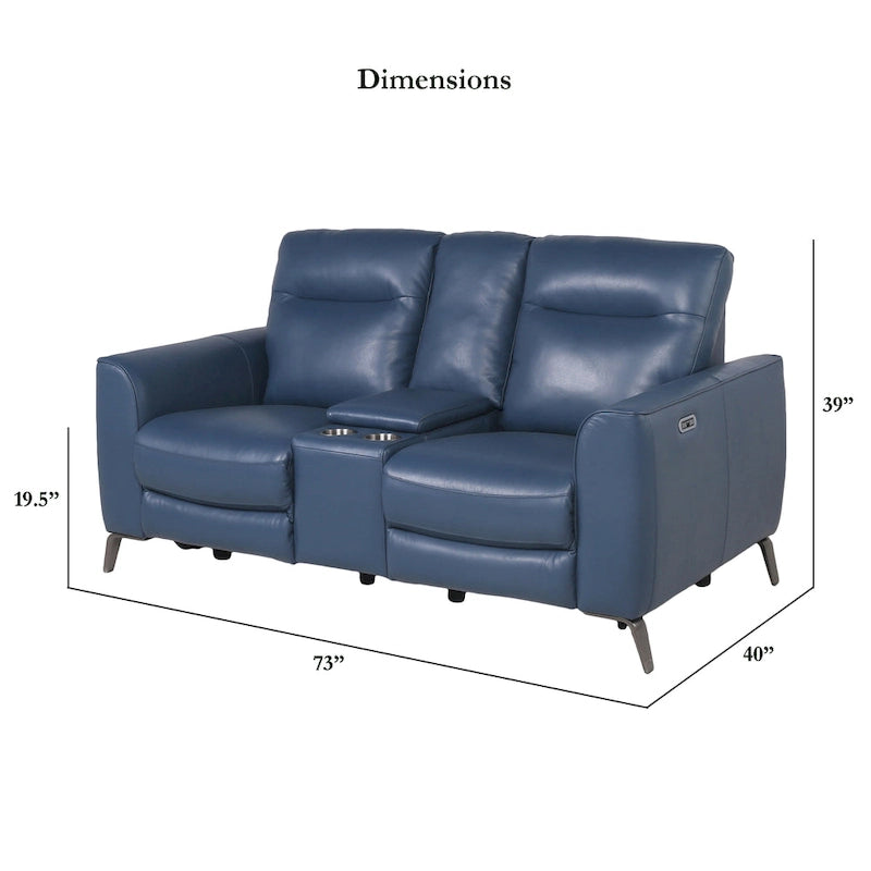 Steve Silver Top Grain Leather Ocean Blue Power Reclining Console Loveseat