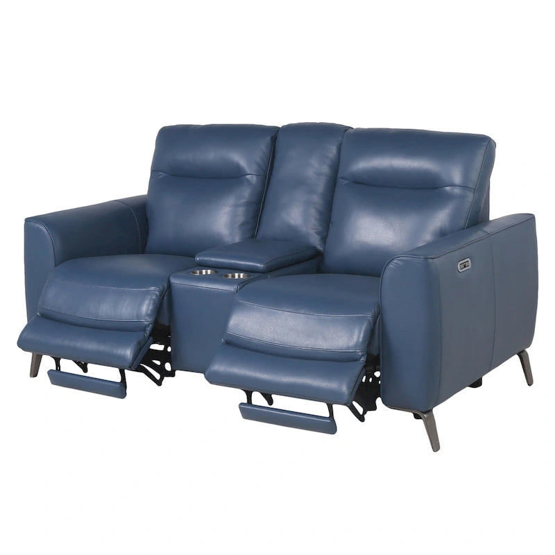 Steve Silver Top Grain Leather Ocean Blue Power Reclining Console Loveseat