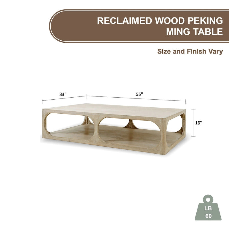 Artissance Reclaimed Wood Peking Ming Coffee Table, Small, 55 Inch Long, Weathered White Wash