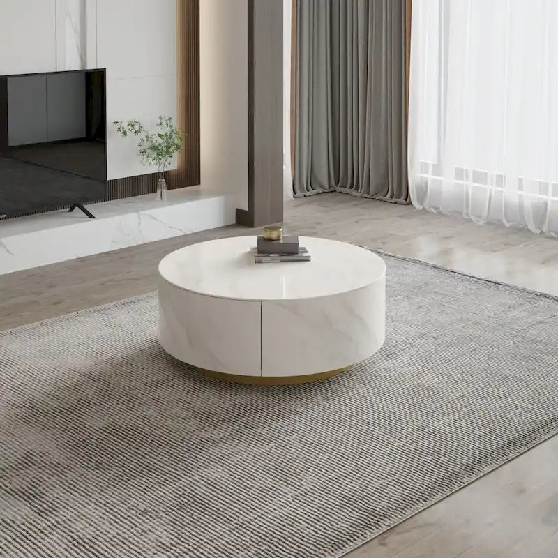 Faux Marble Top Round Modern Coffee Table with 2 Drawers