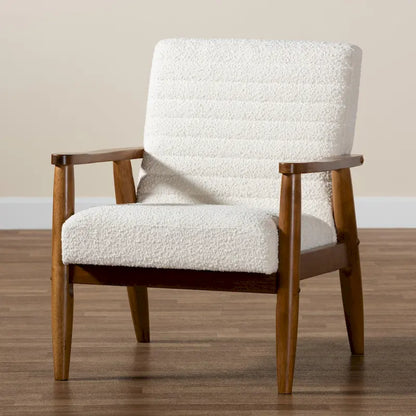 Stratton Mid-Century Modern Cream Boucle Fabric and Walnut Brown Finished Wood Armchair