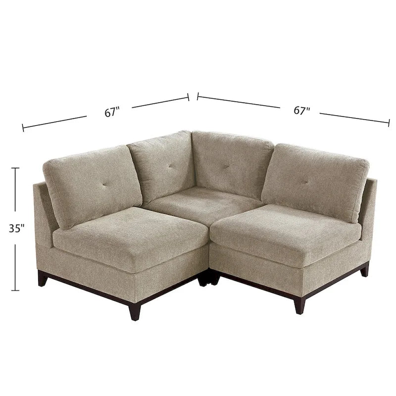 3 Piece Chenille Fabric Modular Corner Sofa and Armless Chair Set