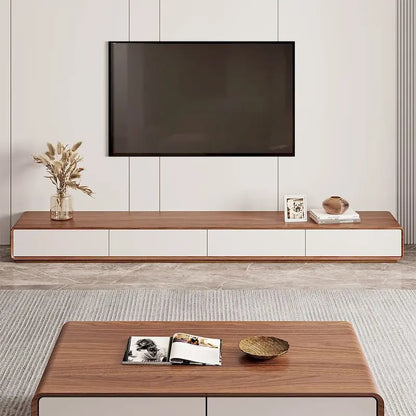 Modern Rectangular TV Stand with 4 Drawers, Wood Veneer Media Console, Walnut White, Soild Wooden, Fully-Assembled