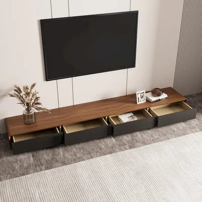 Modern Rectangular TV Stand with 4 Drawers, Wood Veneer Media Console, Walnut White, Soild Wooden, Fully-Assembled