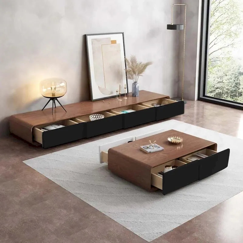 Modern Rectangular TV Stand with 4 Drawers, Wood Veneer Media Console, Walnut White, Soild Wooden, Fully-Assembled