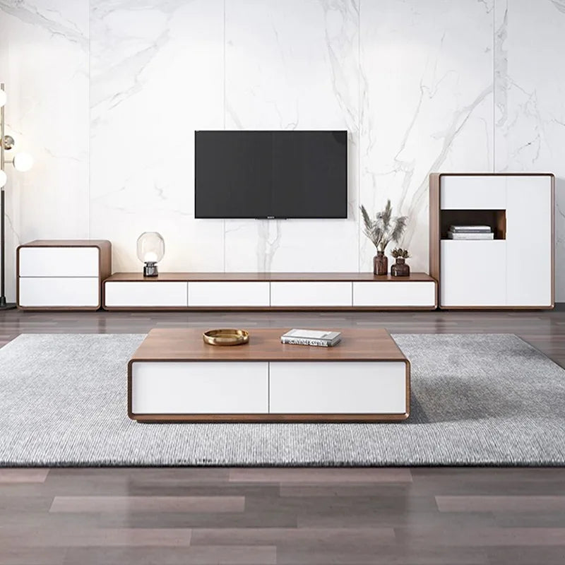 Modern Rectangular TV Stand with 4 Drawers, Wood Veneer Media Console, Walnut White, Soild Wooden, Fully-Assembled