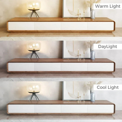 Modern Rectangular TV Stand with 4 Drawers, Wood Veneer Media Console, Walnut White, Soild Wooden, Fully-Assembled