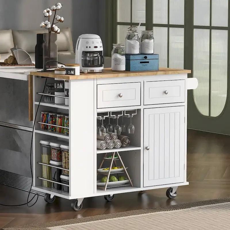 Kitchen Storage Island with Drop Leaf and Power Outlet