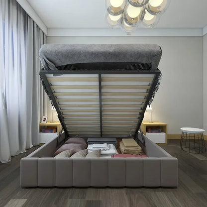 Queen Size Linen Upholstered Platform Bed with Lift Up Storage System