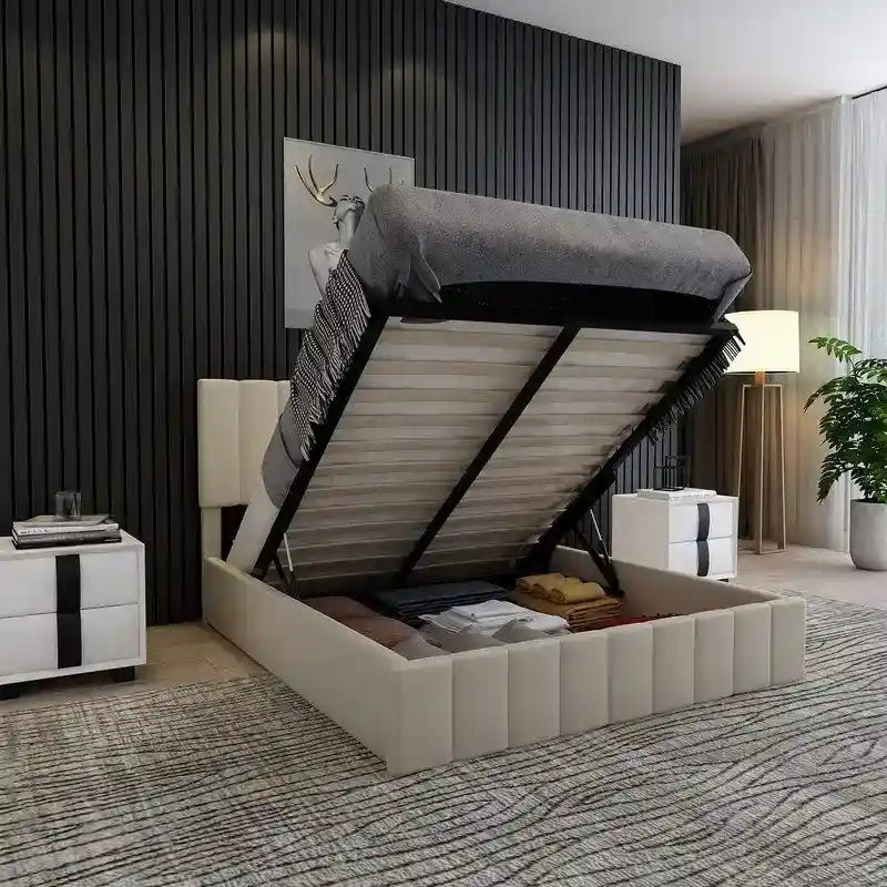 Queen Size Linen Upholstered Platform Bed with Lift Up Storage System