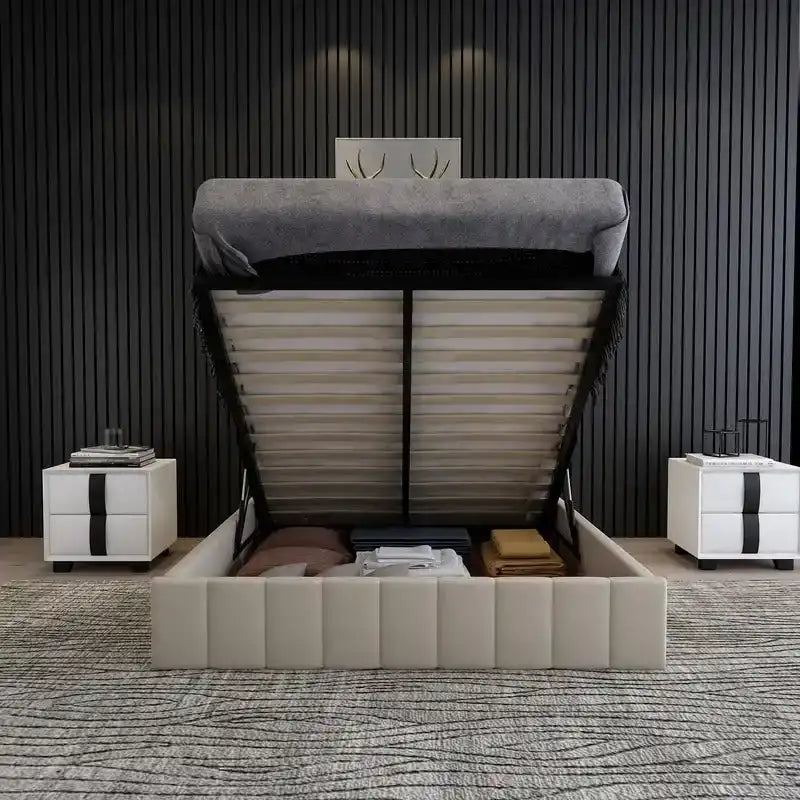 Queen Size Linen Upholstered Platform Bed with Lift Up Storage System