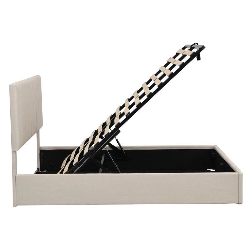 Queen Size Linen Upholstered Platform Bed with Lift Up Storage System