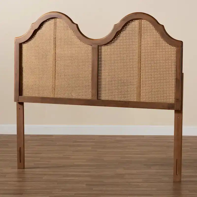 Hazel Ash Walnut Wood and Synthetic Rattan Arched Headboard