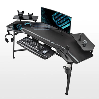 72 Large Gaming Desk Black Multifunctional Computer Desk with Keyboard Tray