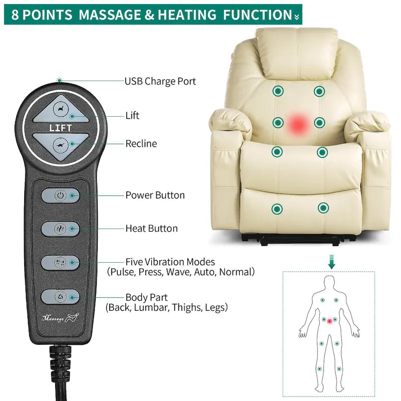 Moasis PU Massage Reclining Living Room Chair Power Lift Recliner Chair