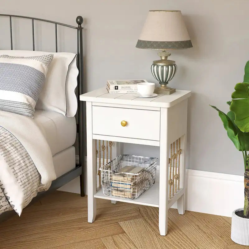 COSIEST Distressed White End Table with Drawer - 14D x 18W x 26.4H