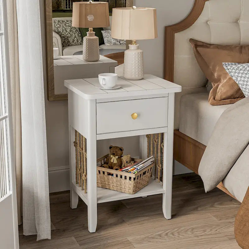 COSIEST Distressed White End Table with Drawer - 14D x 18W x 26.4H