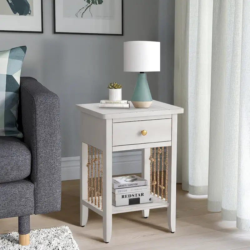 COSIEST Distressed White End Table with Drawer - 14D x 18W x 26.4H