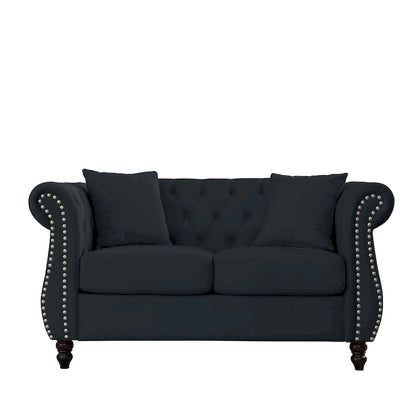 58.8 Chesterfield Sofa Black Velvet for Living Room, 2 Seater Sofa Tufted Couch with Rolled Arms and Nailhead for Living Room,