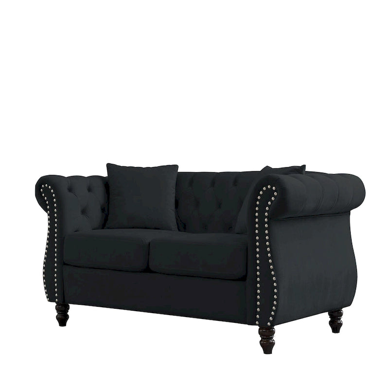 58.8 Chesterfield Sofa Black Velvet for Living Room, 2 Seater Sofa Tufted Couch with Rolled Arms and Nailhead for Living Room,