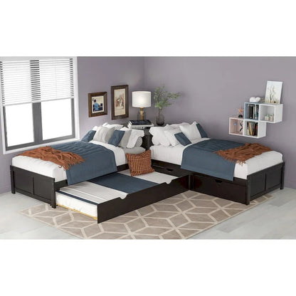 L-shaped Platform Bed with Trundle and Drawers Linked with built-in Desk,Twin,Espresso