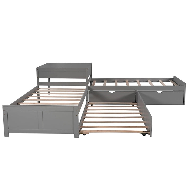 L-shaped Platform Bed with Trundle and Drawers Linked with built-in Desk,Twin,Espresso