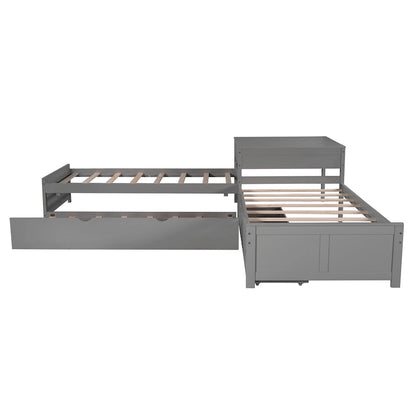 L-shaped Platform Bed with Trundle and Drawers Linked with built-in Desk,Twin,Espresso