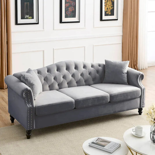 [Video] 79 Chesterfield Sofa Grey Velvet for Living Room, 3 Seater Sofa Tufted Couch with Rolled Arms and Nailhead for Living R