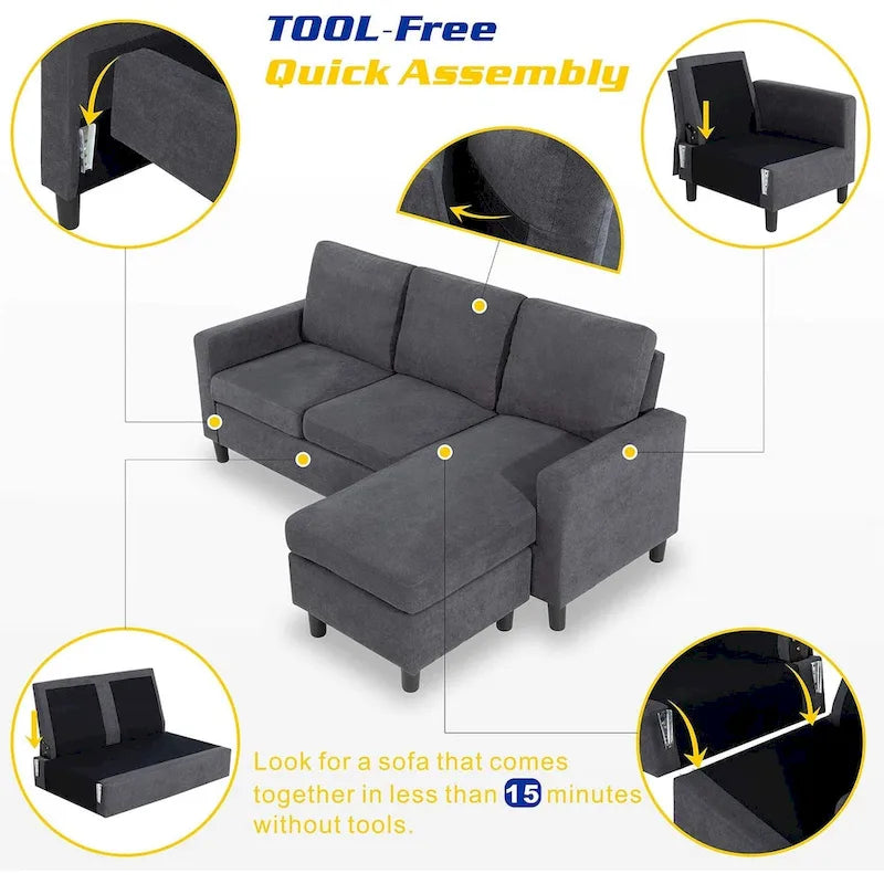 Futzca Linen Upholstered L-shaped Sectional Sofa w/ Reversible Chaise