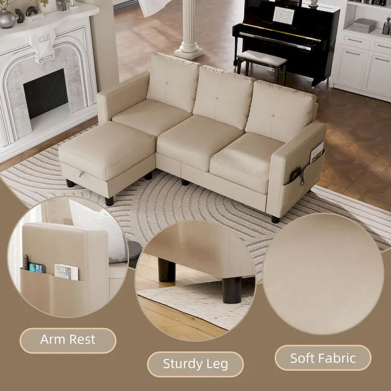 Futzca Linen Upholstered L-shaped Sectional Sofa w/ Reversible Chaise