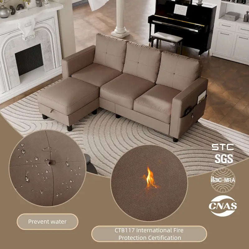 Futzca Linen Upholstered L-shaped Sectional Sofa w/ Reversible Chaise