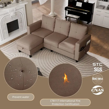 Futzca Linen Upholstered L-shaped Sectional Sofa w/ Reversible Chaise