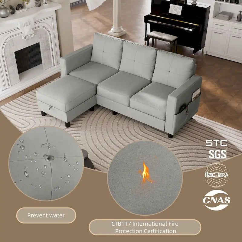 Futzca Linen Upholstered L-shaped Sectional Sofa w/ Reversible Chaise