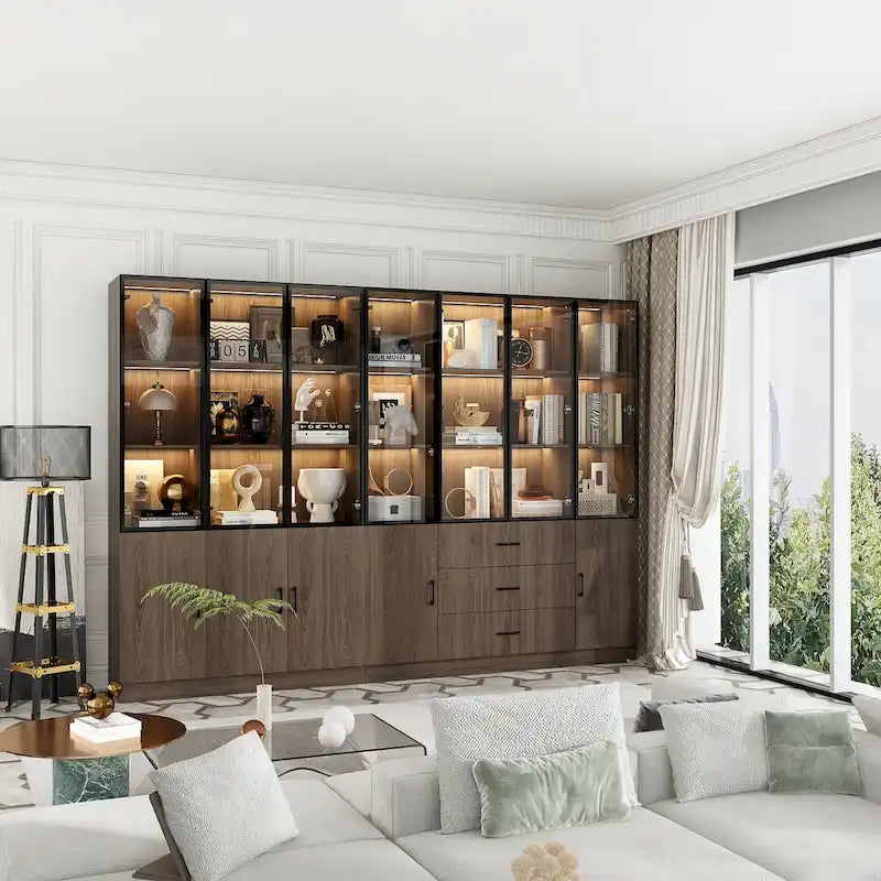 Aluminum and Glass Lighted Cabinet Customizable for Buffet/Bookshelf