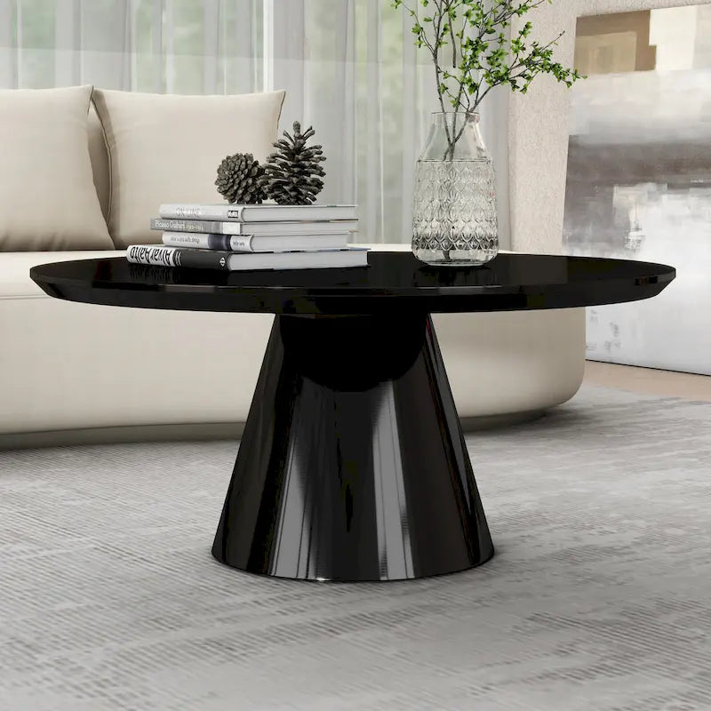 SHYFOY Modern Cone Coffee Table for Living Room, High Gloss Finish, 35.4in Diameter, Black or White