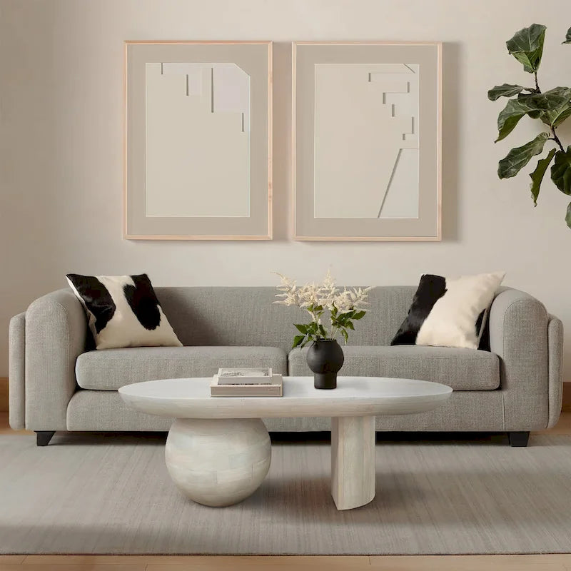 38 Inch Coffee Table, Oblong Mango Wood Top with a Modern Ball Leg