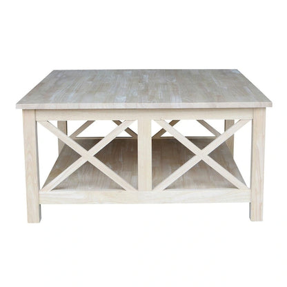 Square Unfinished Solid Wood Coffee Table with Bottom Shelf - 36 in. W x 36 in. D x 18 in. H.