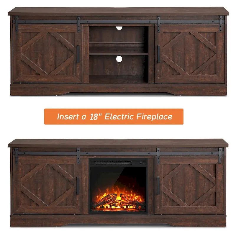 Fireplace TV Stand Farmhouse Sliding Barn Door Entertainment Center