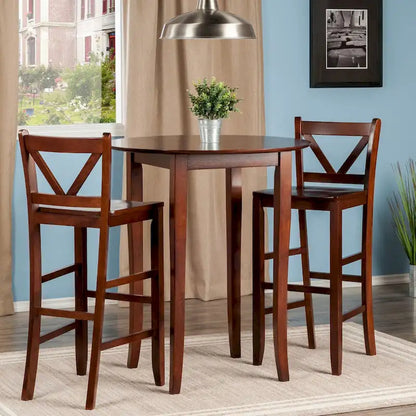 3-Pc High Table with V-back Bar Stools, Walnut