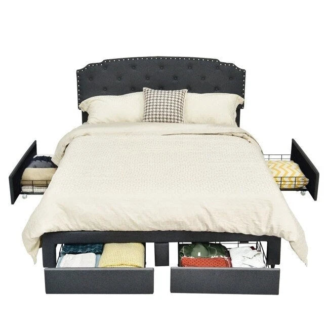 Linen Adjustable Headboard 4 Drawer Storage Platform Bed