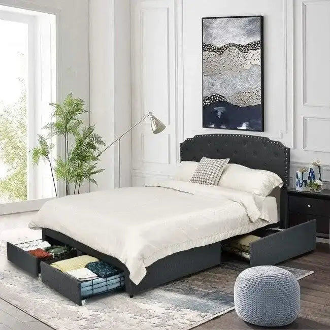 Linen Adjustable Headboard 4 Drawer Storage Platform Bed