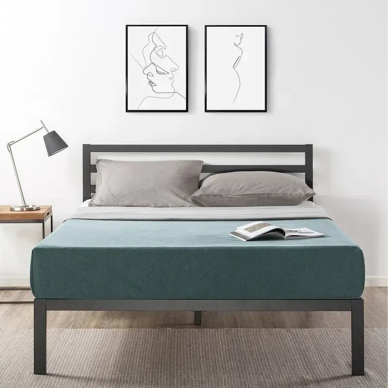 14 Inch Metal Platform Bed with Wood Slat Support By Crown Comfort