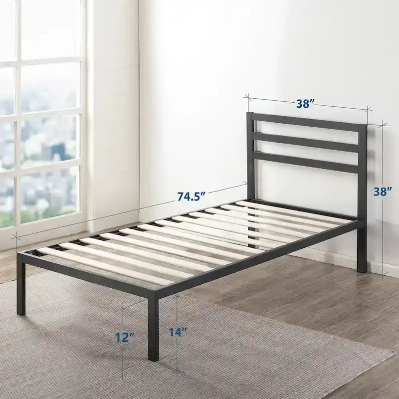 14 Inch Metal Platform Bed with Wood Slat Support By Crown Comfort