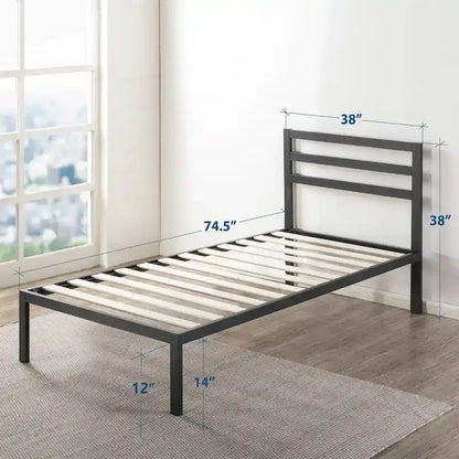 14 Inch Metal Platform Bed with Wood Slat Support By Crown Comfort