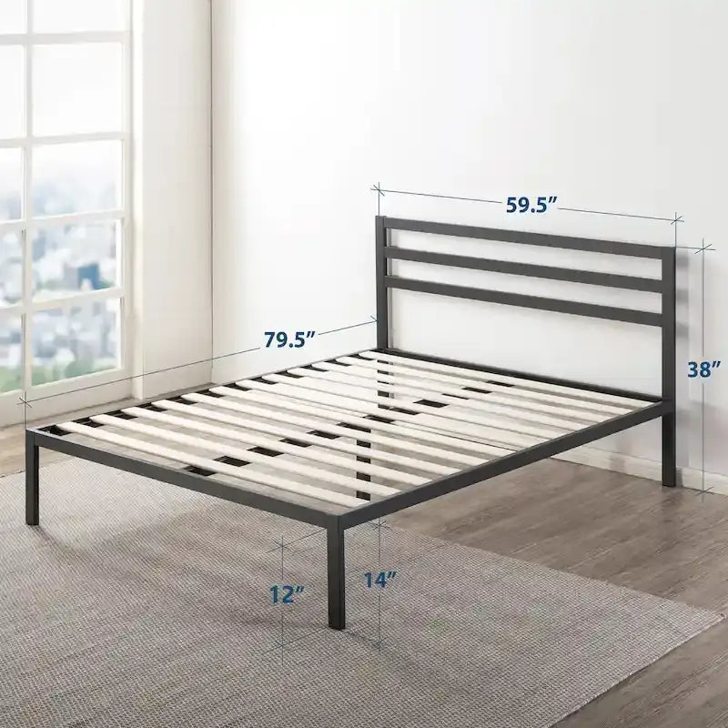14 Inch Metal Platform Bed with Wood Slat Support By Crown Comfort