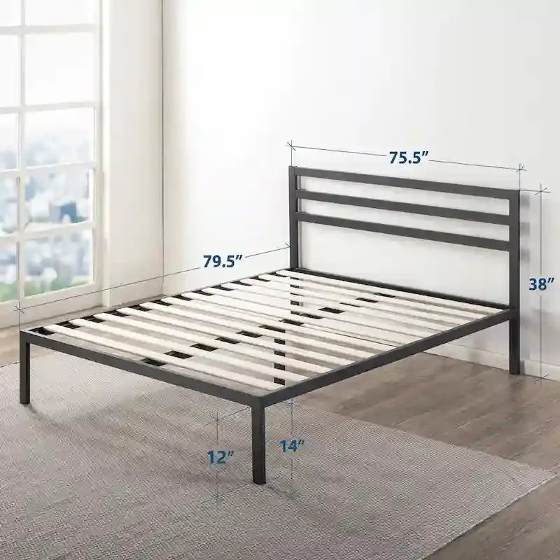 14 Inch Metal Platform Bed with Wood Slat Support By Crown Comfort