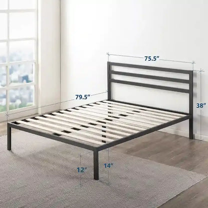 14 Inch Metal Platform Bed with Wood Slat Support By Crown Comfort