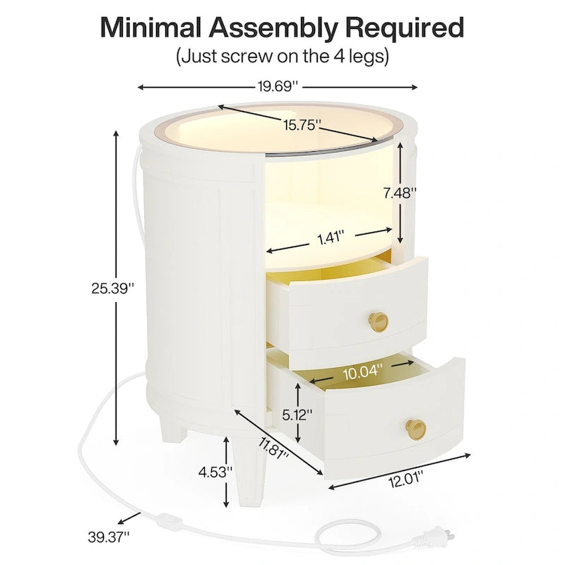 25.5 Inches Tall Round Nightstand Side Table with 2 Drawers LED Light Open Shelf for Bedroom Sofa Side